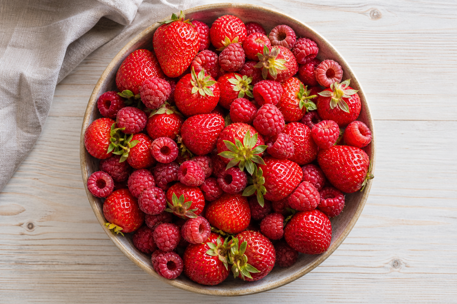 Close view of mixed red berries in a shallow bowl with soft morning light.